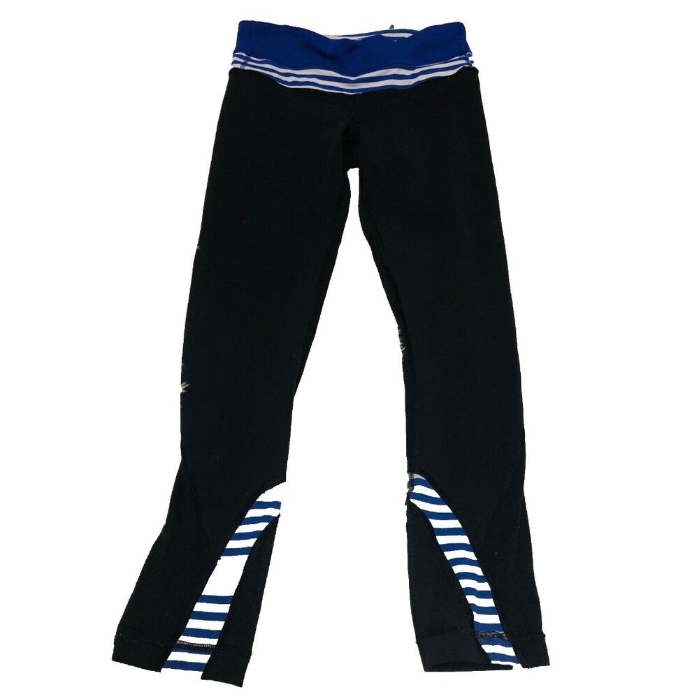 lululemon black cropped Leggings back pocket striped waist sz 2 yoga pants ~ X6